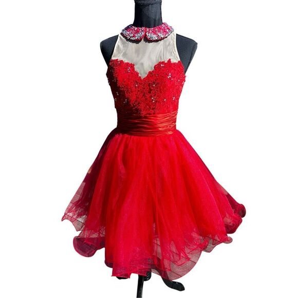 Sherri Hill 21227 red homecoming prom wedding rhinestone tutu sequence dress ￼ - Picture 5 of 14